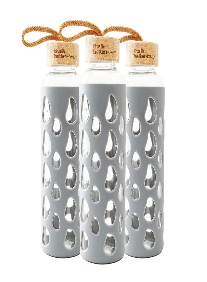 The Better Home زجاجة مياه من زجاج البوروسيليكات من ذا بيتر هوم مع غطاء (550 مل) | غطاء سيليكون مانع للانزلاق وغطاء من الخيزران | زجاجات مياه للثلاجة (عبوة من 3 زجاجات) - Image 1